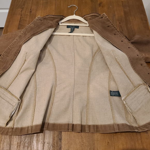 LRL Ralph Lauren Tan Button Down Military Style Sheep Leather Trim Jacket - Picture 9 of 14
